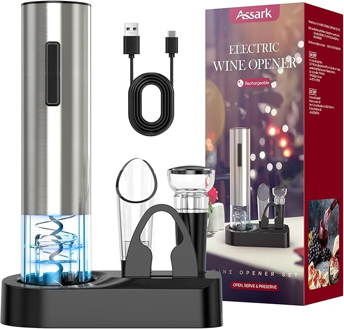 Electric Wine Opener,Rechargeable Automatic Wine Opener Corkscrew Opener Set With Wine Stopper, Foil Cutter, Wine Aerator,Storage Base & USB-C Cable Christmas Gifts for Wine Lovers