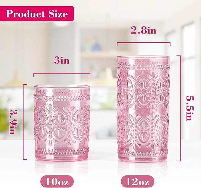 Darlion Pink Glassware Set of 4, Vintage Drinking Glasses, Colored Glassware Drinking, Highball Embossed Beverage Glasses Cup for Party Wedding Home Office and Gift (2pcs12oz+2pcs10oz