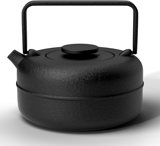 Toptier Teapot with Removable Infuser, Cast Iron Tea Kettle Stovetop Safe, Solid Geometry Cylinder Design Tea Pot Coated with Enameled Interior for 27 Ounce (800 ml), Black
