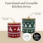 Young's Ceramic Christmas Cookie & Goodie Jar with Airtight Wooden Lid,Set of 2 – Festive Red & Green Holiday Treat Storage for Cookies, Candy, Snacks, and Winter Kitchen Decor,7 Inch