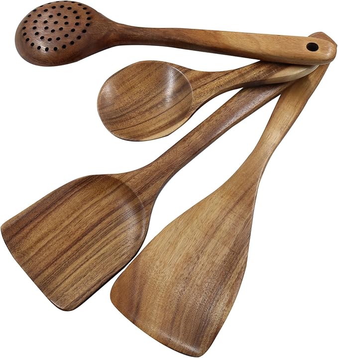 4 Pcs Natural Teak Wood Spatulas, Nonstick Wooden Spoons Premium Cooking Utensils, Heat Resistant Kitchen Utensil Set for Nonstick Cookware/Cooking Gifts