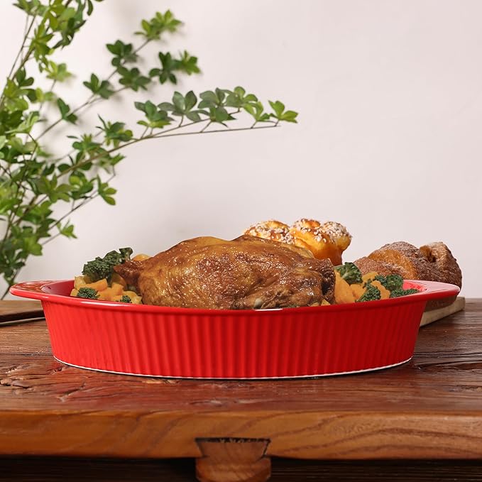 LEETOYI Porcelain 9x13 Large Oval Au Gratin Pans,Baking Dish for Servings, Bakeware with Double Handle for Kitchen and Home (Red)