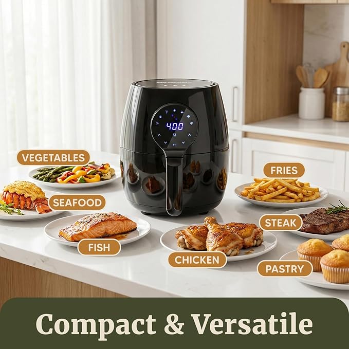 Elite Gourmet EAF5317D Digital 5.3Qt Hot Air Fryer 7 Menu Functions 1350W Oil-Less Healthy Cooker, Timer & Temperature Controls, PFOA/PTFE Free, Black