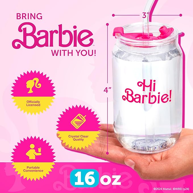 Dragon Glassware x Barbie The Movie - 16 oz Glass Cups with Lids and Straws, Set of 2 - Iced Coffee Cups with Lids - Glass Tumbler with Straw and Lid for Hot, Cold Drinks - Hi Barbie! Hi Ken!
