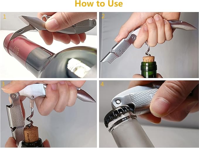 Professional Waiters Corkscrew, Wine Opener with Foil Cutter and Cap Remover, Stainless Steel Wine Key for Servers, Bartenders (Silver)