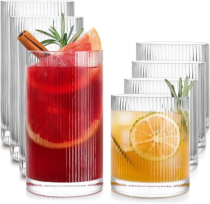 LUNA & MANTHA Ribbed Glasses Drinking Set of 8-17oz Large Capacity Highball Glasses, 12oz Rocks Glass Cups, Vintage Cocktail Glasses, Ideal for, Water, Ice Coffee Cup, Whiskey, Mixed Drinkware