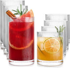 LUNA & MANTHA Ribbed Glasses Drinking Set of 8-17oz Large Capacity Highball Glasses, 12oz Rocks Glass Cups, Vintage Cocktail Glasses, Ideal for, Water, Ice Coffee Cup, Whiskey, Mixed Drinkware