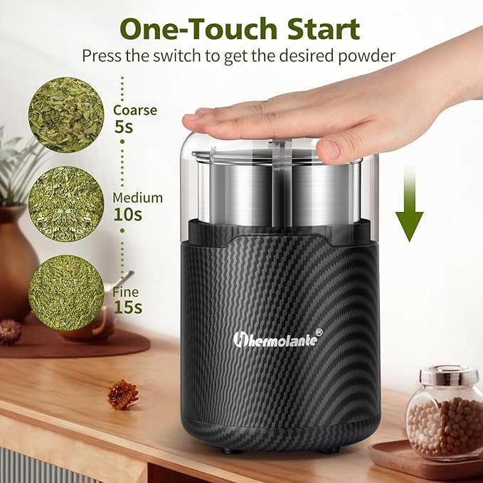 Hermolante 150W Electric Herb and Spice Grinder, 60g (2.1oz), 304 Stainless Steel Cup and Blade, Lid-Activated Safety Press-Top, Compact, Cleaning Brush Included, for Coffee Beans, Nuts, Seeds