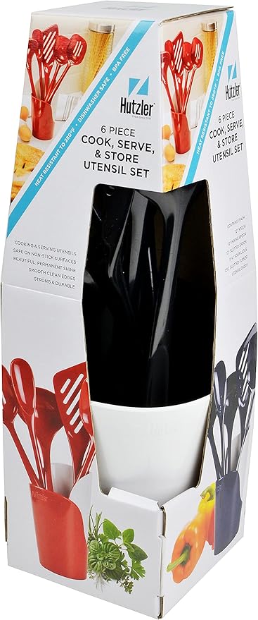Hutzler 6-piece Melamine Cooking Utensils Set, Includes a 12-inch Long Slotted Spoon, Solid Spoon, Mixing Spoon, Slotted Turner, Soup Ladle, and Storage Crock, Black
