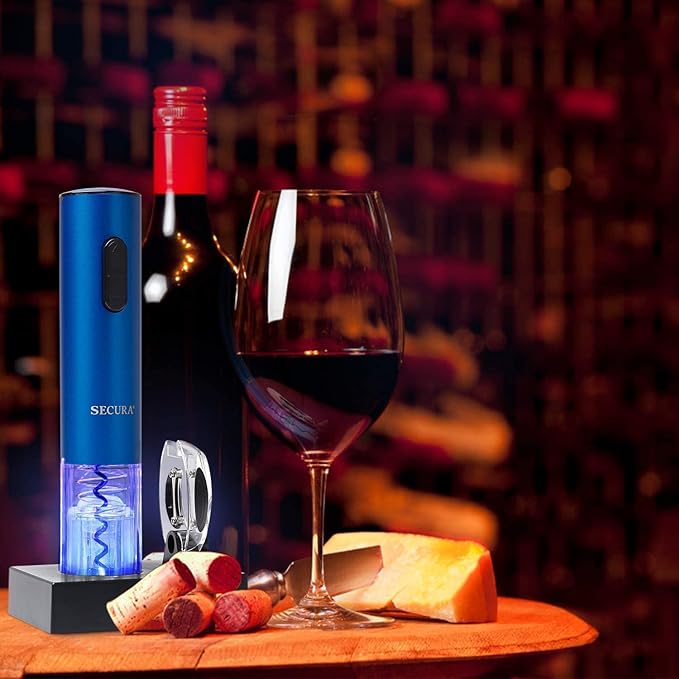 Secura Electric Wine Opener, Automatic Electric Wine Bottle Corkscrew Opener with Foil Cutter, Rechargeable (Blue)