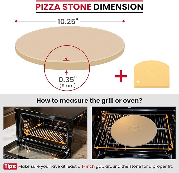 Unicook Small Pizza Stone 10.25 Inch for Oven and Grill, Round Baking Stone, Thermal Shock Resistant Cordierite Oven Pan with Plastic Dough Scraper, Ideal for Cooking Pizza, Bread