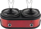 Courant 3.2-Quart Double Slow Cooker (1.6-Qt each) w/Warm Settings, Stainproof Stoneware Pots and Glass Lids – Red Stainless Steel