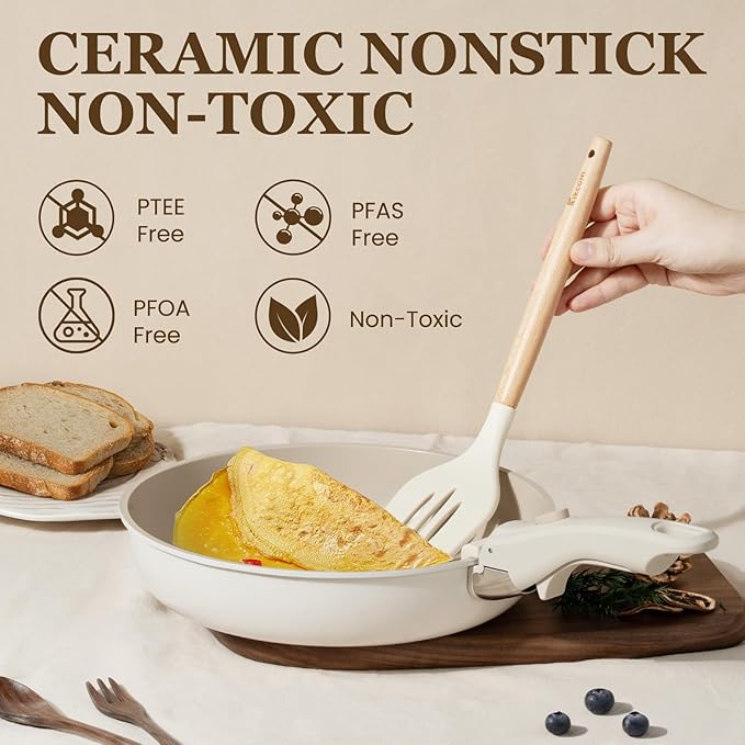 KIKCOIN Nonstick Pots and Pans Set, 20 Pack Ceramic Cookware Set with Detachable Handle, Induction RV Kitchen Cooking Set with Removable Handle, Frying Pans - Dishwasher/Oven Safe, PFOA Free