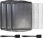 ShineMe Baking Sheet Pan with Cooling Rack 3 Pack, Nonstick Sheet Pan with Wire Rack and Silicone Pastry Brush, Carbon Steel Baking Pans for Cookie, Bacon and Vegetables 17x12x0.5in