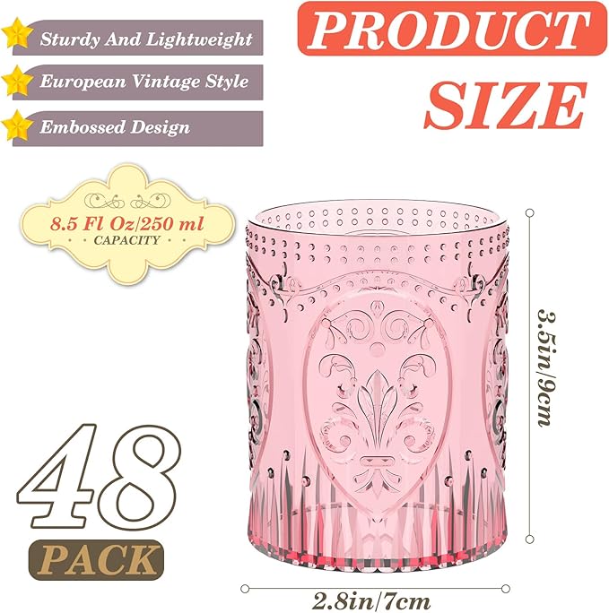 Qinyoung 48 Plastic Vintage Drinking Glasses 8.5oz Stemless Retro Embossed Wine Glasses Shatterproof Reusable Cups for Baby Shower Wedding Reception Grand Event Party (Pink)