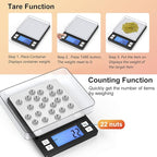 BOMATA Upgraded Small Food Scale, 0.1 g/0.001 oz High Precision, 3000 g/6.6 lb, with New Hold Function and Larger Display, USB Rechargeable, Digital Kitchen Scale for Small Item, Jewelry. Black