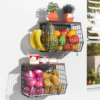 Wawocs Fruit Basket for Kitchen Counter 2 Tier Fruit Bowl, Stackable Wall Mounted Hanging Fruit Basket Wire Baskets with Wood Lid with 4 Banana Hanger Hooks, Onion Basket, Fruit and Vegetable Storage