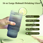 Large Capacity 16 oz Hobnail Drinking Glasses Set of 4, Vintage Glassware Drinking Glasses, Gray-blue Water Glasses Tumbler, Cups for Kitchen, Juice, Beer, Cocktail, Whiskey