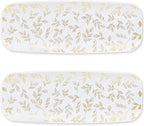 Rectangle Gold Leaves White Serving Tray (2-Pack) - 17.5" Disposable Serving Platter for Appetizer, Fruits & Serving Dishes | Perfect Plastic Tray for Party Serveware