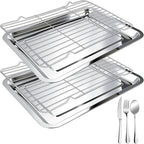 4 PCS Stainless Steel Baking Sheet Set,(2 Sheets + 2 Racks)15.7 X 11.8 Inch Baking Pan with Stainless Steel Fork,Spoon and Knife,Rust Baking Tray Pan for Kitchen Oven,Easy Clean&Durable