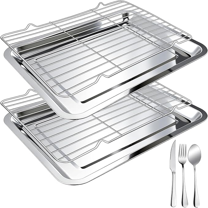 4 PCS Stainless Steel Baking Sheet Set,(2 Sheets + 2 Racks)15.7 X 11.8 Inch Baking Pan with Stainless Steel Fork,Spoon and Knife,Rust Baking Tray Pan for Kitchen Oven,Easy Clean&Durable