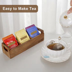 HTB Small Tea Bag Box Wooden, 3 Compartments Acacia Wood Tea Bag Chest with Handle, Mini Countertop Divided Storage Container for Beverage Supplies, Sugar, Sweeteners, Individual Packets