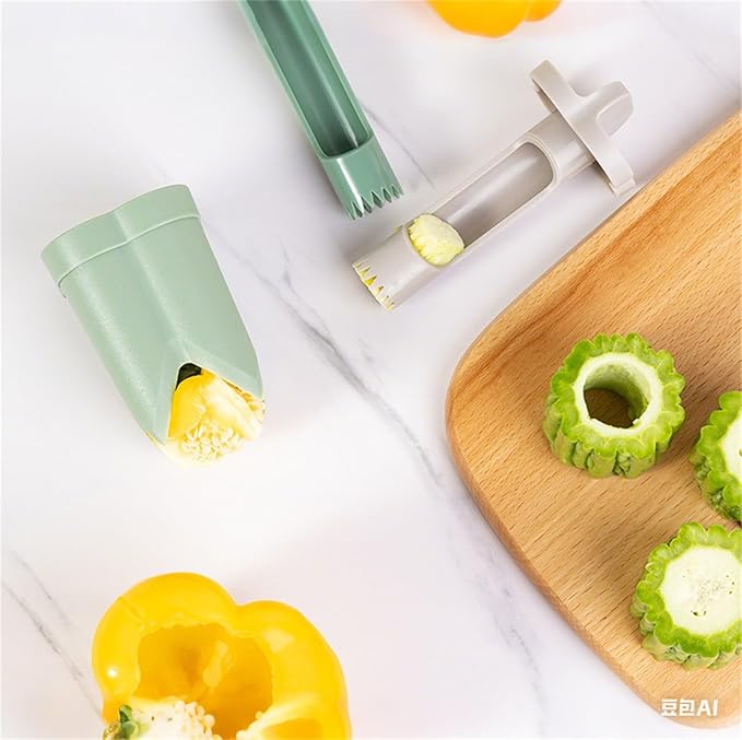 Pepper Corer, 2 in 1 Red Bell Pepper Seed Corer Remover Tool, Fruit & Vegetable Corers Quick Cave Tools for Jalapeno Cutter Deseeder, Green, 2 PCS