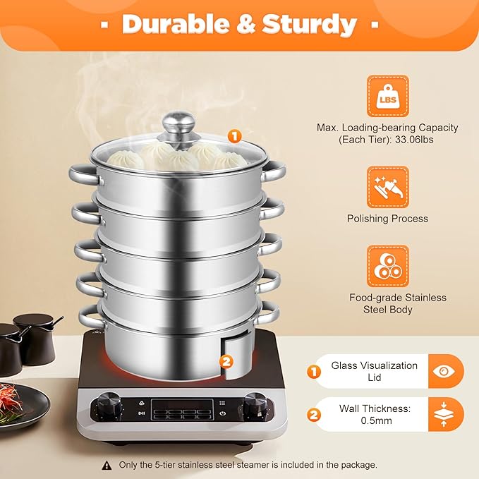 Steamer for Cooking, 5-Tier Stainless Steel Steamer Pot, Multipurpose Stackable Food Steam Pots Kitchen Steaming Cookware with Glass Lid for Induction, Gas, Electric Stoves, Composite Pot Base