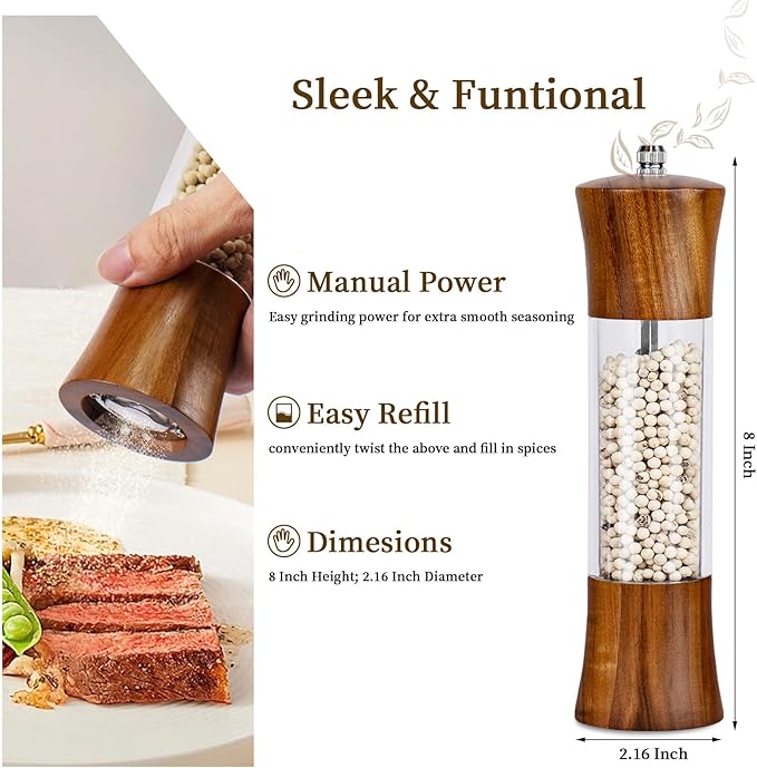 Acacia Wood Premium Acrylic Salt and Pepper Grinder Set 8 Inches Salt and Pepper Mill Set, Manual Mills- Wooden Shakers with Adjustable Ceramic Core 2 Pack for Kitchen Home Gift