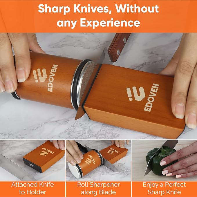 Knife Sharpener Tool – Rolling Knife Sharpener Kit with Diamond & Ceramic Discs, Magnetic 15° & 20° Angle Guide, Manual Kitchen Knife Sharpener for Steel Knives, Ideal Gift