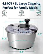 Stainless Steel Salad Spinner, 6.34Qt Large Lettuce Dryer, BPA-Free Vegetable & Fruit Washer with Drain, Easy Clean, Non-Slip Base, Transparent Lid