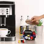 yarlung Coffee Pod Holder with Lid, Large Capacity K Cup Holder with Rustic Wooden Base, Black Wire Coffee Storage Basket for Kitchen Countertop, Cafe Bar Organizer