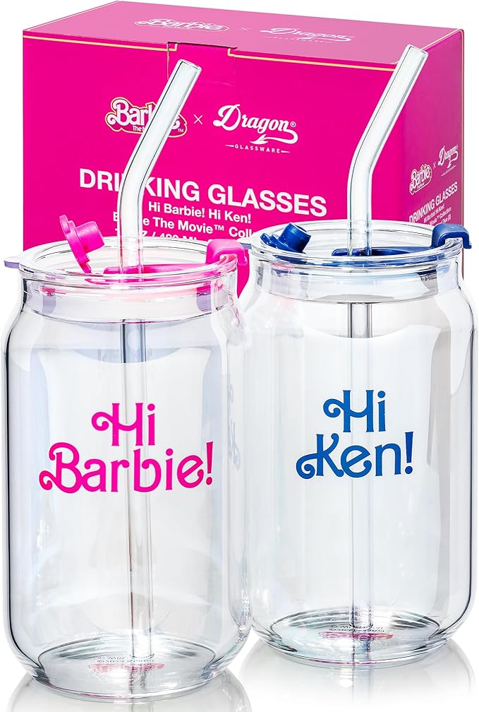 Dragon Glassware x Barbie The Movie - 16 oz Glass Cups with Lids and Straws, Set of 2 - Iced Coffee Cups with Lids - Glass Tumbler with Straw and Lid for Hot, Cold Drinks - Hi Barbie! Hi Ken!