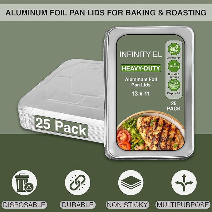 INFINITY EL Disposable Aluminum Foil Pan Lids 25 Pack | Half Size 13" x 11" Insulated Foil Pan Lids | Heavy Duty Aluminum Foil Lids for Catering, Food Storage, Turkey, Lasagna, Parties & Meal Prep