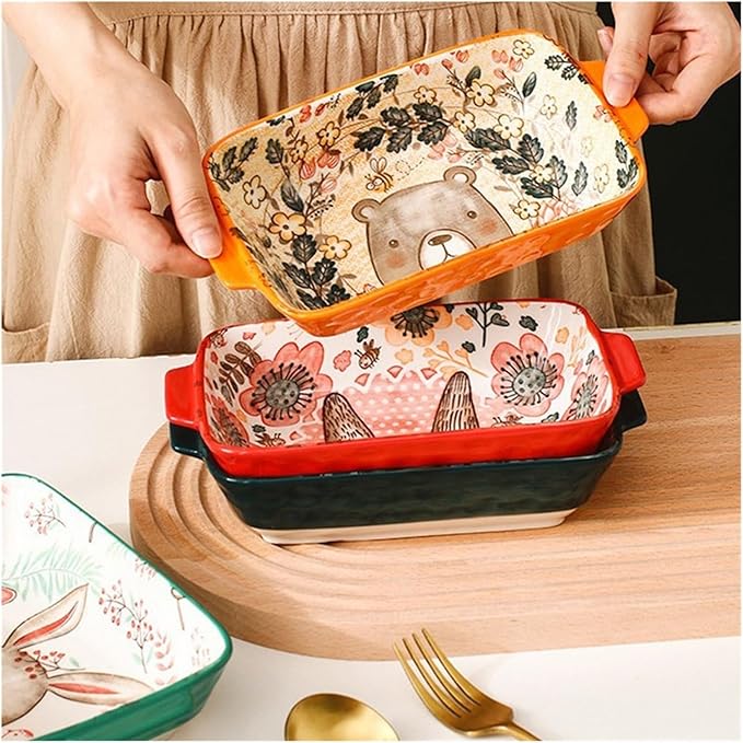 Ceramic Baking Pan, Forest Animals Pattern Tableware With Handle Salad Bowl Au Gratin Dish(Rabbit A round)