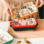 Ceramic Baking Pan, Forest Animals Pattern Tableware With Handle Salad Bowl Au Gratin Dish(Bear rectangular)