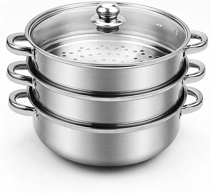 AuFranc® 5 Quart Steamer for Cooking - Stainless Steel Steam Pot with Steamer Basket, Multipurpose Cooking Stock Pot with Tempered Glass Lid, Non-Toxic Cookware for Slow Cooking and Steaming (Silver)