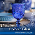 Yungala Cobalt Wine Glasses Set of 6 Goblets - Handcrafted Vintage Glassware with Sunflower Motif, Dishwasher Safe Cobalt Blue Glassware