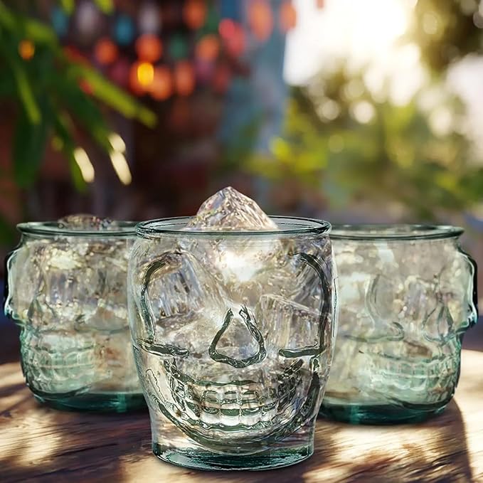 COURONNE CO. Clear Recycled Drinking Glass Tumbler, Perfect for Cocktails, Refreshments & Everyday Use, Restaurant Grade, Crafted without lead-based materials (15.2 Oz, Sugar Skull)