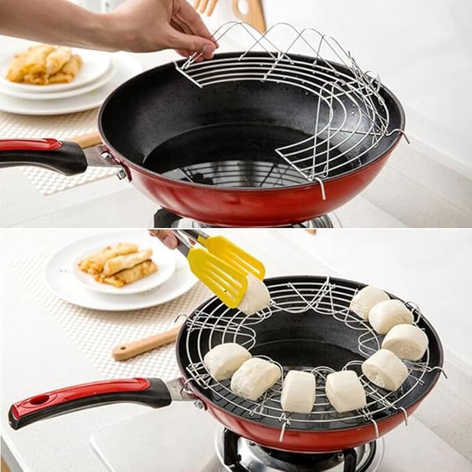 KALLORY 2Pcs Foldable Semicircle Oil Draining Rack 38Cm Stainless Steel Kitchen Gadget for Frying and Steaming Home Cooking Tools