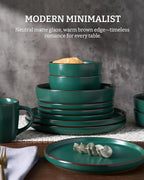 Famiware Mercury Plates and Bowls Sets, 12 Pieces Stoneware Dinnerware Sets, Dishes Set for 4, Microwave and Dishwasher Safe, Dark Green