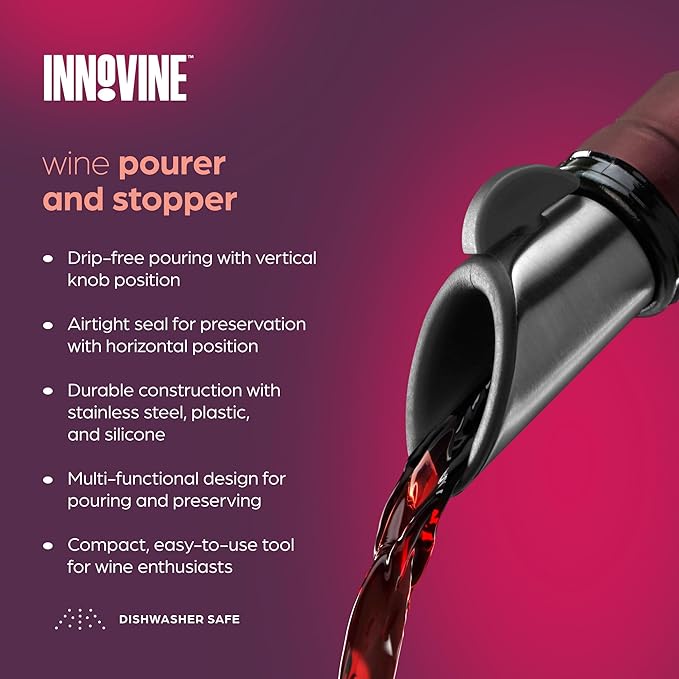 Innovine Wine Pourer and Stopper, Drip-Free Stainless Steel and Silicone Construction, Perfect for White and Red Wines, Home Bar Accessories, Kitchen Essentials, Set of 1, Graphite