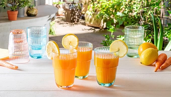 Bormioli Rocco Barshine 12.88 oz. Long Drink Stackable Tempered Drinking Glasses, Set of 6, Ice Blue