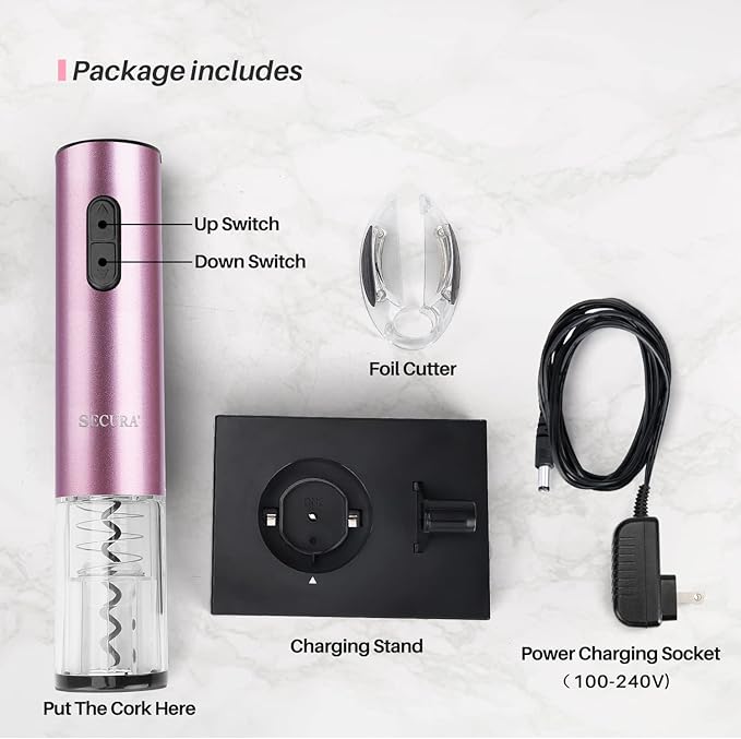 Secura Electric Wine Opener, Automatic Electric Wine Bottle Corkscrew Opener with Foil Cutter, Rechargeable (Rose Gold)