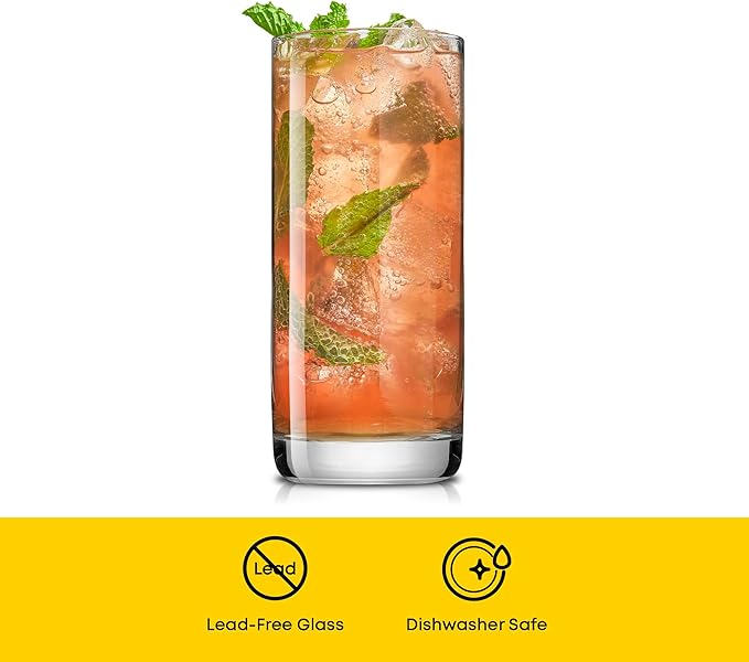 JoyJolt Faye 13oz Highball Glasses, 6pc Tall Glass Sets. Lead-Free Crystal Drinking Glasses. Water Glasses, Mojito Glass Cups, Tom Collins Bar Glassware, and Mixed Drink Cocktail Glass Set