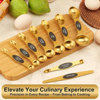 Gold Magnetic Measuring Spoons Set Stainless Steel with Leveler, Dual-Sided Stackable Metal Measuring Spoons for Baking & Cooking, Fits in Spice Jars, Heavy Duty Kitchen Gadgets, 8 Spoons & 1 Leveler