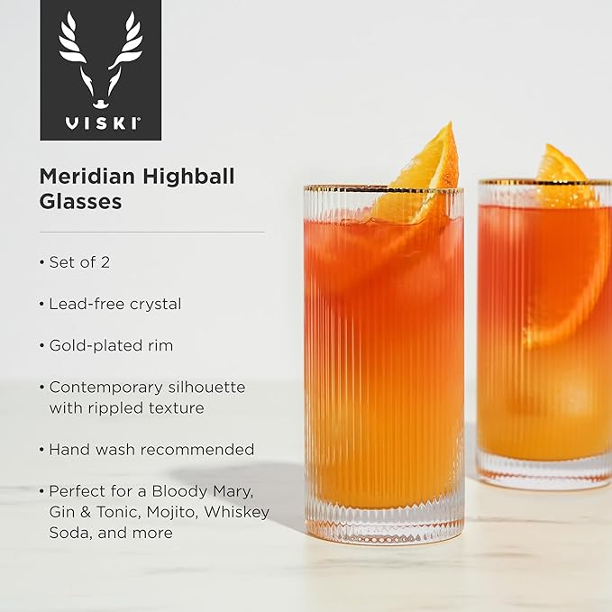 Viski Meridian Highball Glasses Set of 2 - Vintage Drinking Glass, Art Deco Ripple Glassware Design, 15oz Gold Rimmed Collins Glasses Set