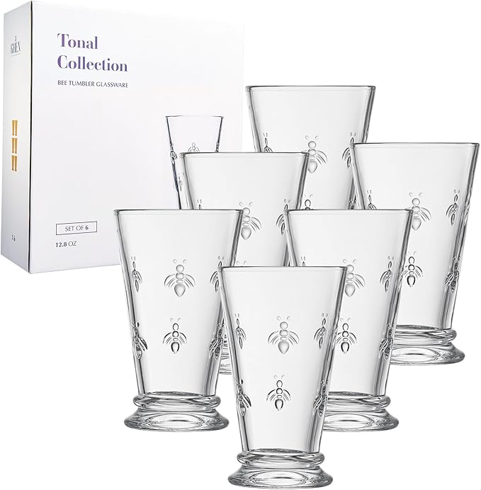 French Bee Highball Glasses | Set Of 6 | Clear Drinking Glass 13 OZ, Old Fashioned Glasses with Bees Embossed Design, Fine Crystal French Glassware, Drinking Glasses, Heavy Water & Juice Glasses Gift