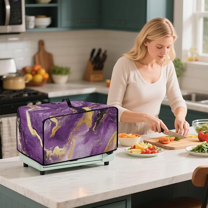 Marble Print Toaster Oven Cover, Dust-proof Heavy Duty Toaster Oven Cover for kitchen, Air Fryer with Accessory Pockets, Gold Violet, (Medium-16.1*19.71*10 inches)