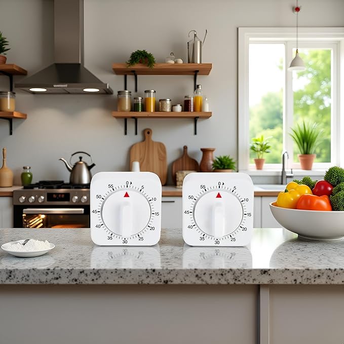 2Pcs White 60-Minute Mechanical Kitchen Timer Clock with Loud Alarm - Wind Up Visual Cooking Clock, No Batteries Required - Ideal for Cooking, Thermometers and Timers, Baking and Kitchen Management